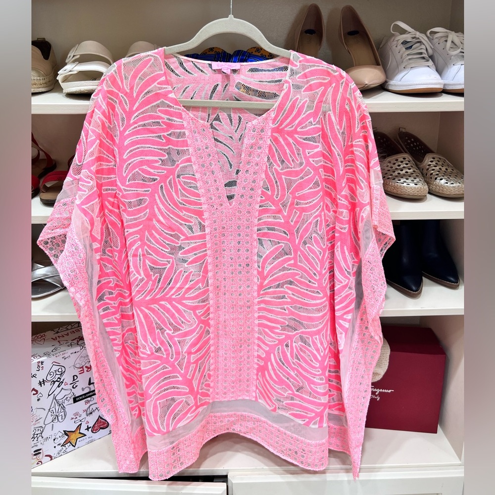 Lilly Pulitzer Lindamarie Coverup Caftan Coral Reef Burnout Lace XXS/XS - Picture 2 of 6